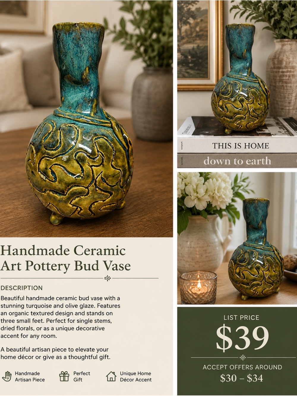 Handmade Ceramic Turquoise & Olive Bud Vase 7”